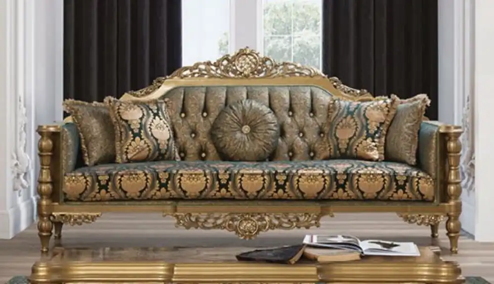 Casa Padrino luxury baroque sofa green / gold - Magnificent living room sofa with elegant pattern and decorative pillows - Baroque living room furniture Geprüft