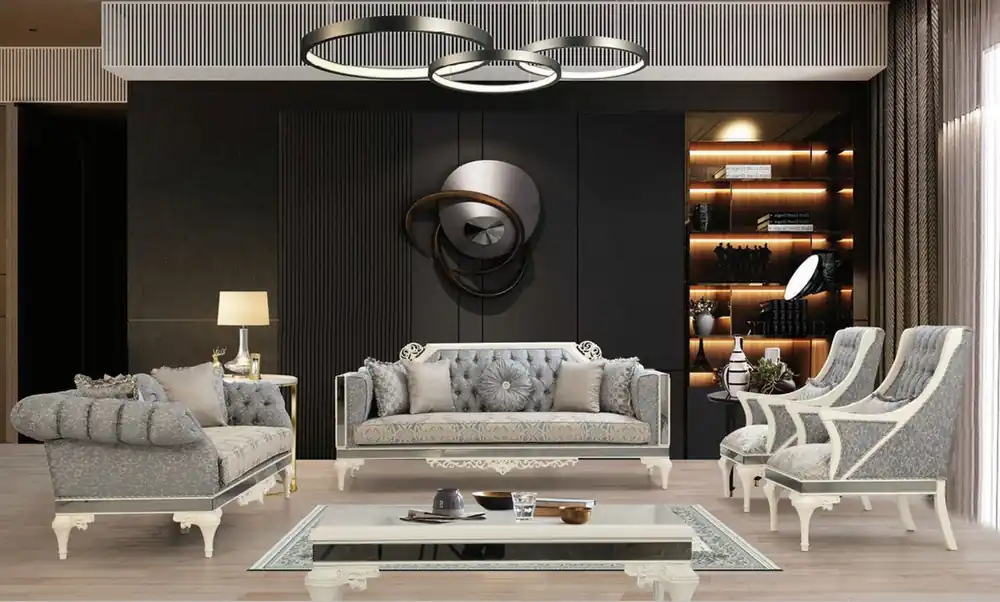 Jetzt Kaufen Casa Padrino luxury baroque living room set gray / beige / white - 2 Sofas & 2 Armchairs & 1 Coffee Table - Living room furniture in baroque style - Noble & Magnificent
