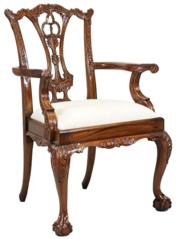 Casa Padrino luxury baroque dining chair with armrests white / brown - Upholstered solid wood chair in baroque style - Baroque dining room furniture Sonderaktion