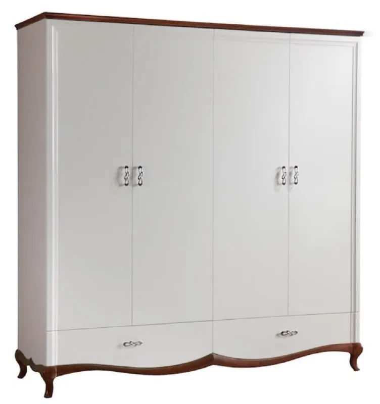Casa Padrino luxury Art Nouveau bedroom cabinet high gloss white / brown 204.4 x 62.5 x H. 209.5 cm - Solid wood wardrobe with 4 doors and 2 drawers - Bedroom Furniture Versand Am Gleichen Tag