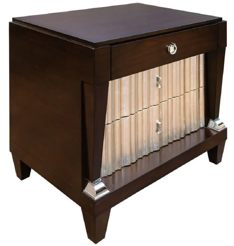 Casa Padrino neoclassical luxury bedside table dark brown / silver 66.5 x 46.5 x H. 70 cm - Noble solid wood bedside table with 3 drawers - Bedroom furniture in neoclassical style Angebot
