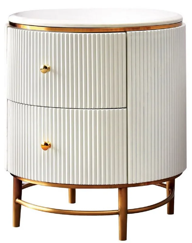 Casa Padrino luxury side table white / brass / gold Ø 50 x H. 58 cm - Round bedside table with 2 drawers - Modern Furniture Jetzt Kaufen