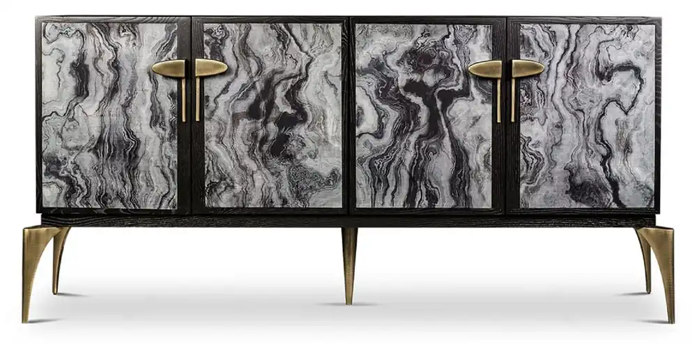 Expressversand Casa Padrino designer sideboard black / gray / brass 192 x 46 x H. 90 cm - Solid wood cabinet with 4 doors - Living room furniture - Hotel Furniture - Luxury Collection