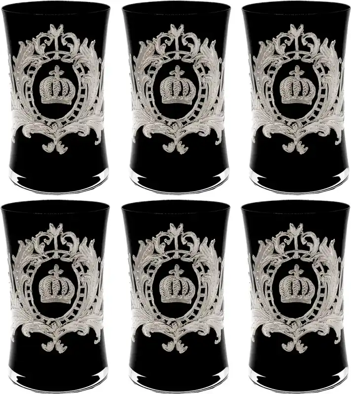 Pompöös by Casa Padrino luxury water glass set black / silver Ø 8 x H. 13 cm - Water glasses with a noble platinum coating - Pompous glasses designed by Harald Glööckler Neu Im Sortiment