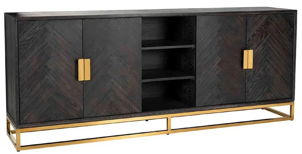 Echt Casa Padrino luxury sideboard black / gold 225 x 45 x H. 90 cm - Solid wood cabinet with 4 doors - Living room furniture - Hotel Furniture - Luxury Collection