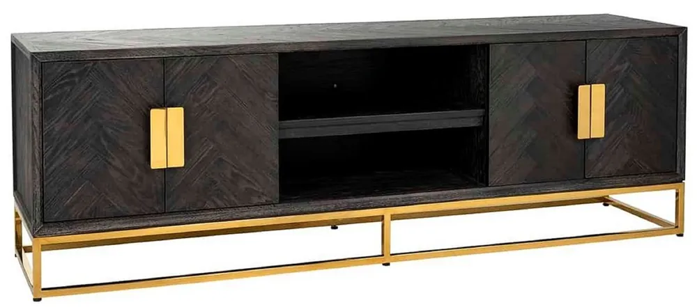 Casa Padrino luxury TV cabinet black / gold 185 x 42.5 x H. 60 cm - Solid wood sideboard with 4 doors - Living room furniture - Hotel Furniture - Luxury Collection Must-Have