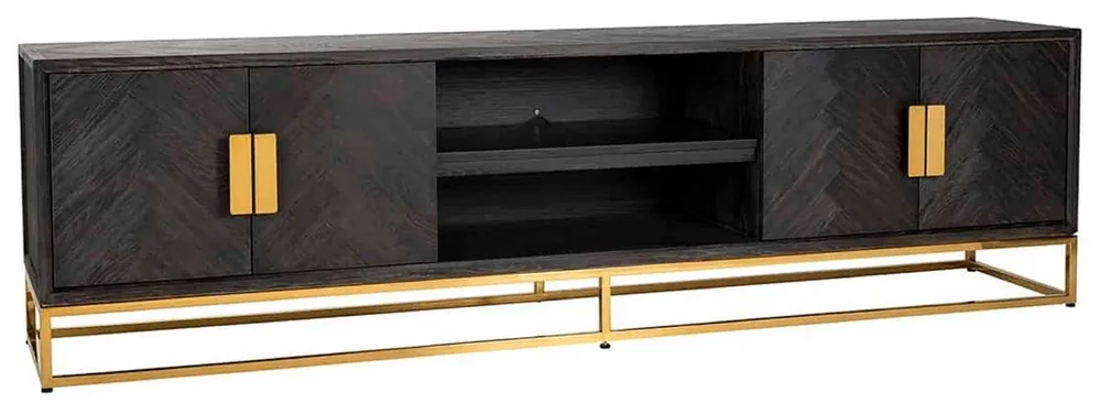 Schnäppchen Casa Padrino luxury TV cabinet black / gold 220 x 42.5 x H. 60 cm - Solid wood sideboard with 4 doors - Living room furniture - Hotel Furniture - Luxury Collection