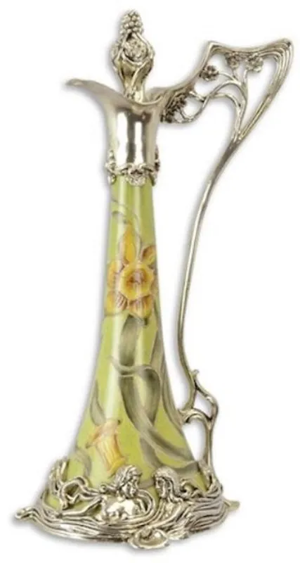 Casa Padrino Art Nouveau wine jug green / silver 15.5 x 15.2 x H. 33.5 cm - Porcelain jug with lid and flower design - Baroque & Art Nouveau Decoration Accessories Bestseller