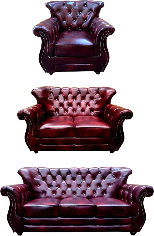 Neu Casa Padrino luxury Chesterfield genuine leather living room set bordeaux red / brown / silver - 2 Leather Sofas & 1 Leather Armchair - Chesterfield Furniture - Living Room Furniture