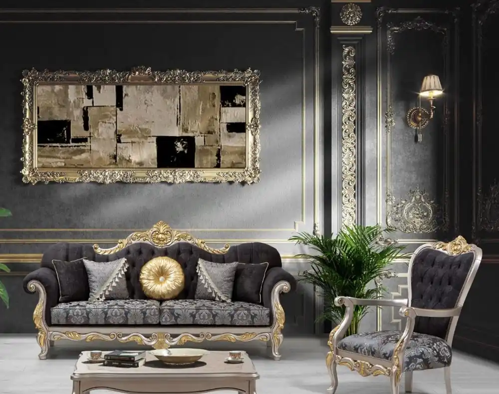 Casa Padrino luxury baroque living room set black / silver / gold - 2 Sofas & 2 Armchairs & 1 Coffee Table - Living room furniture in baroque style - Noble & Magnificent Direktkauf