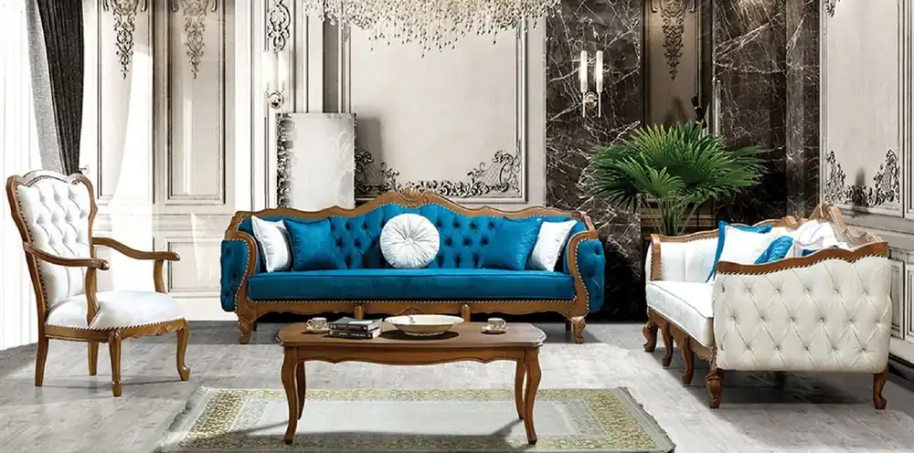 Casa Padrino luxury baroque living room set blue / white / brown - 2 Sofas & 2 Armchairs & 1 Coffee Table - Living room furniture in baroque style - Noble & Magnificent Letzte Chance