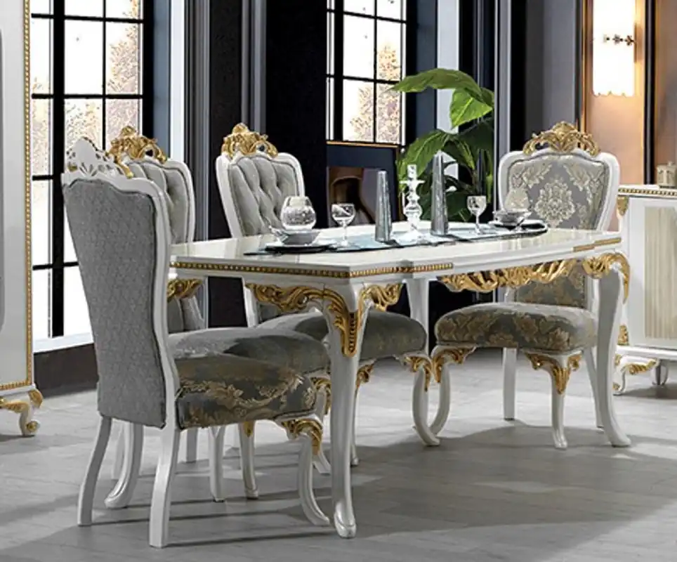 Casa Padrino luxury baroque dining room set gray / white / gold - 1 Baroque Dining Table & 6 Baroque Dining Chairs - Dining room furniture in baroque style - Noble & Magnificent Markenware