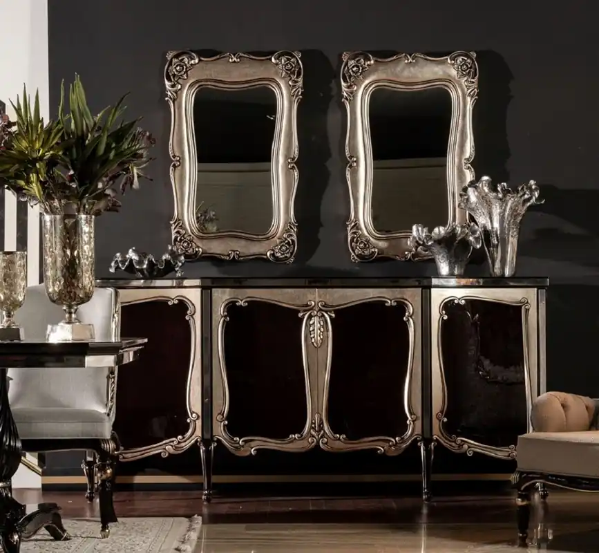 Direkt Vom Hersteller Casa Padrino luxury baroque furniture set black / silver - 1 Baroque Sideboard & 2 Baroque Wall Mirrors - Baroque Furniture - Noble & Magnificent