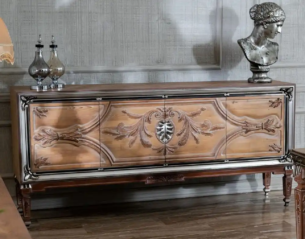 Highlight Casa Padrino luxury baroque sideboard with 4 doors natural / beige / brown / silver - Noble solid wood cabinet in baroque style - Baroque Furniture