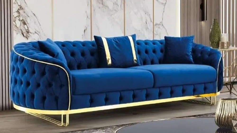 Casa Padrino luxury Chesterfield sofa blue / gold 240 x 95 x H. 72 cm - Modern living room sofa - Chesterfield living room furniture Garantierte Lieferung