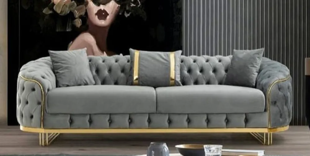 Casa Padrino luxury Chesterfield sofa gray / gold 240 x 95 x H. 72 cm - Modern living room sofa - Chesterfield living room furniture Bestpreis