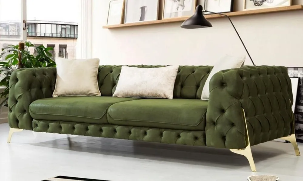 Casa Padrino luxury Chesterfield sofa bed dark green / gold 250 x 95 x H. 72 cm - Modern living room sofa - Chesterfield living room furniture Bestseller