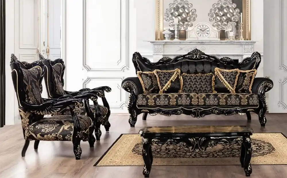 Günstig Casa Padrino luxury baroque living room set black / gold - 2 Sofas with Pattern & 2 Armchairs with Pattern & 1 Coffee Table - Magnificent baroque living room furniture