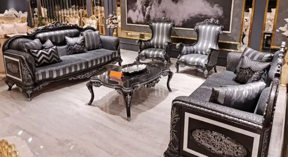 Casa Padrino luxury baroque living room set gray / black / silver - 2 Baroque Sofas & 2 Baroque Armchairs & 1 Baroque Coffee Table - Baroque living room furniture Beliebt