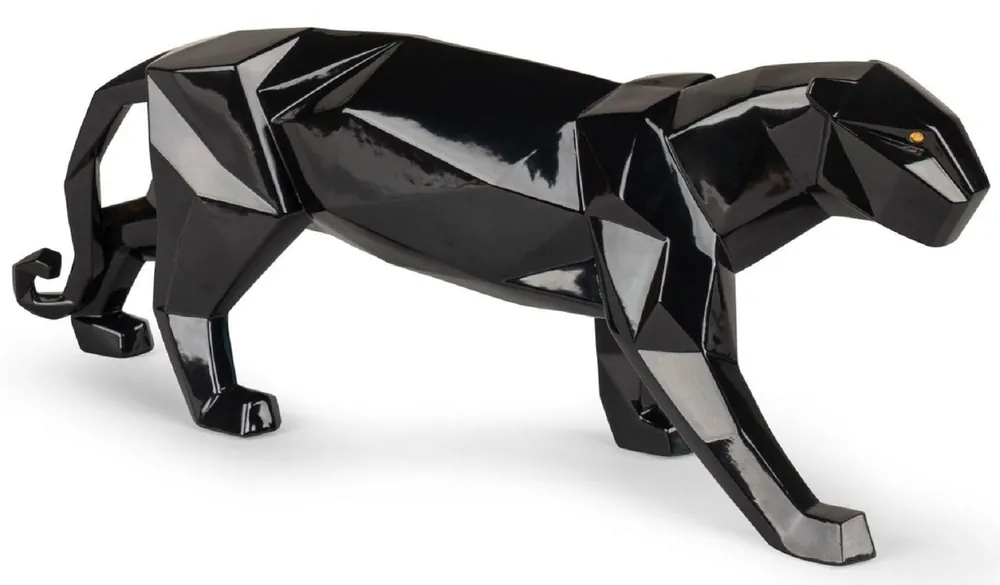 Preisknaller Casa Padrino luxury porcelain panther sculpture glazed black 50 x 12 x H. 19 cm - Handcrafted decorative figure made of the finest Spanish porcelain - Luxury decorative accessories