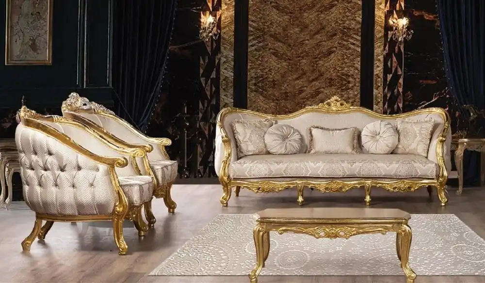 Casa Padrino luxury baroque living room set beige / gold - 2 Baroque Sofas with Pattern & 2 Baroque Armchairs with Pattern & 1 Baroque Coffee Table - Magnificent baroque living room furniture Sofort Bestellen
