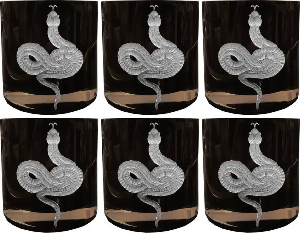 Nur Heute Casa Padrino luxury baroque whiskey glass set of 6 snake black / silver Ø 8 x H. 9 cm - Handmade and hand engraved whiskey glasses - Hotel & Restaurant Accessories - Luxury Quality