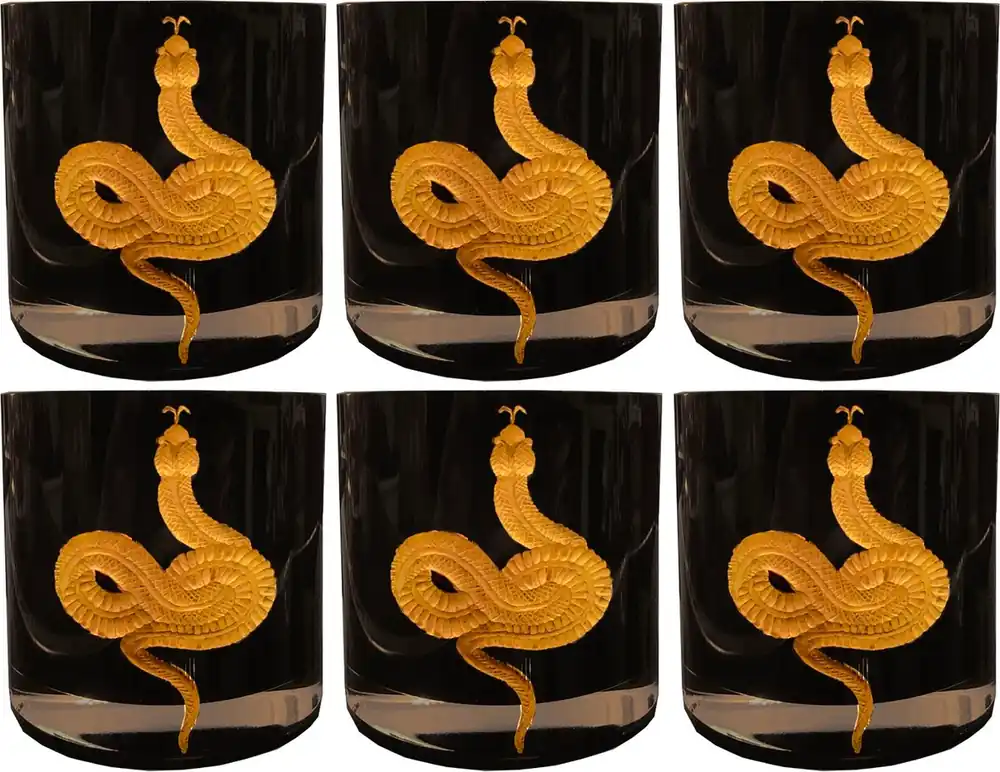 Casa Padrino luxury baroque whiskey glass set of 6 snake black / gold Ø 8 x H. 9 cm - Handmade and hand engraved whiskey glasses - Hotel & Restaurant Accessories - Luxury Quality Preis Gesenkt