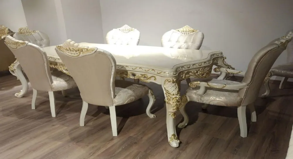 Casa Padrino luxury baroque dining room set gray / white / gold - 1 Baroque Dining Table & 6 Baroque Dining Chairs with Pattern - Dining room furniture in baroque style - Noble & Magnificent Saisonangebot