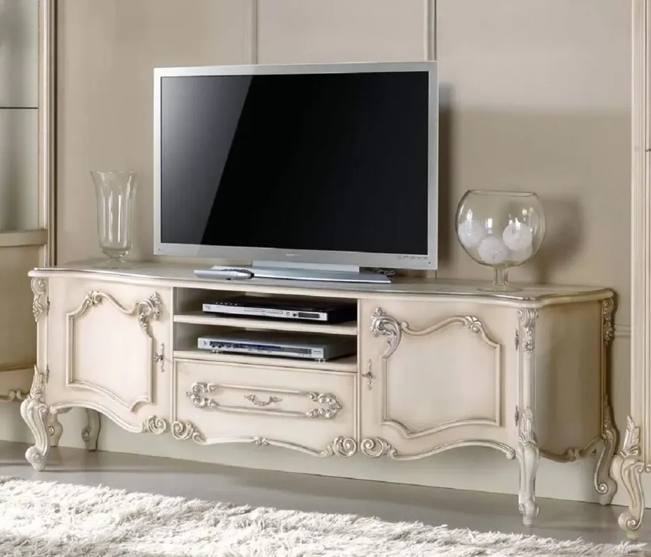 Wochenendangebot Casa Padrino luxury baroque TV cabinet cream / silver - Handmade solid wood sideboard with 2 doors and drawer - Baroque living room furniture - Luxury Quality - Made in Italy