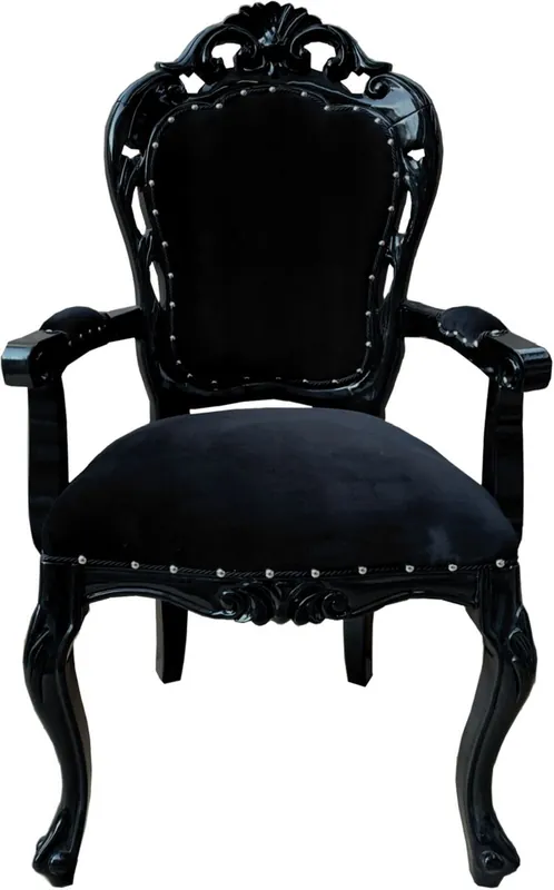Zertifiziert Casa Padrino baroque dining chair black - Handmade antique style chair with armrests and fine velvet fabric - Dining room furniture in baroque style