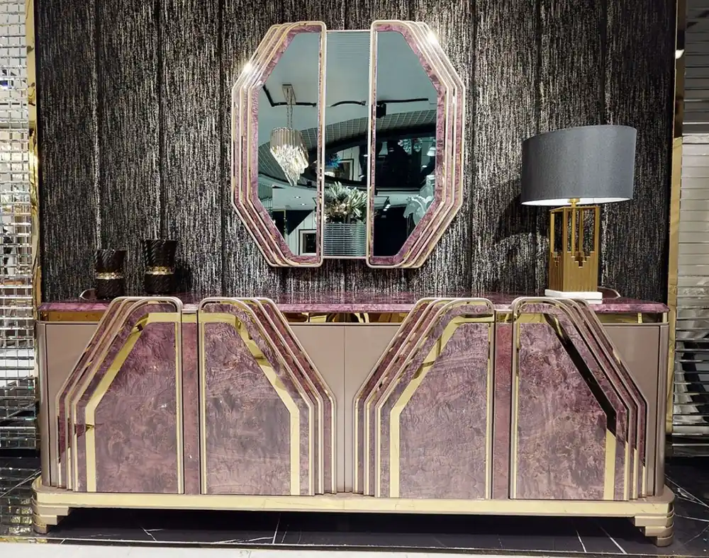 Casa Padrino Luxury Art Deco Furniture Set Purple / Gray / Gold - 1 Sideboard with 4 Doors & 1 Wall Mirror - Art Deco Living Room & Hotel Furniture - Luxury Collection Direktkauf