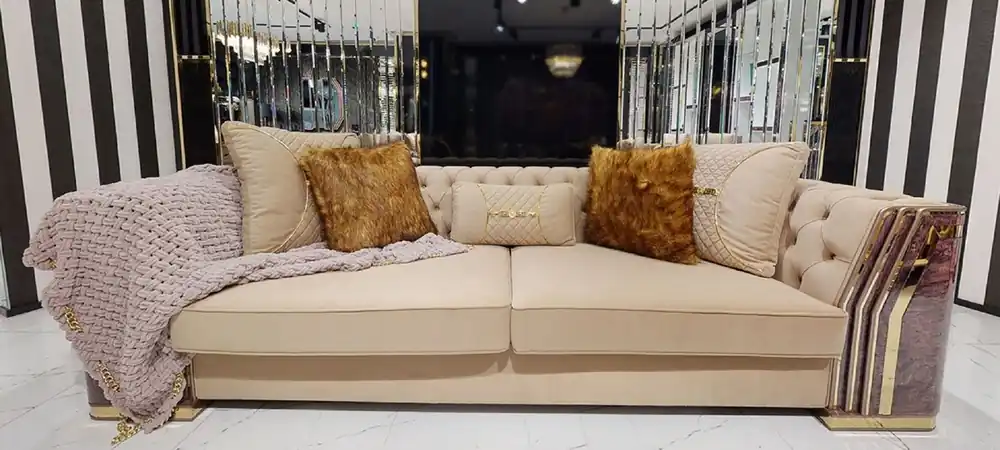 Finale Aktion Casa Padrino luxury Art Deco Chesterfield Sofa beige / purple / gray / gold - Noble living room sofa with marble look - Luxury Art Deco Living Room & Hotel Furniture