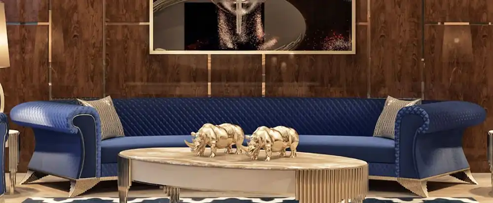 Top-Preis Casa Padrino Luxury Art Deco Sofa Blue / Gold - Curved Living Room Sofa - Hotel Sofa - Luxury Art Deco Living Room & Hotel Furniture