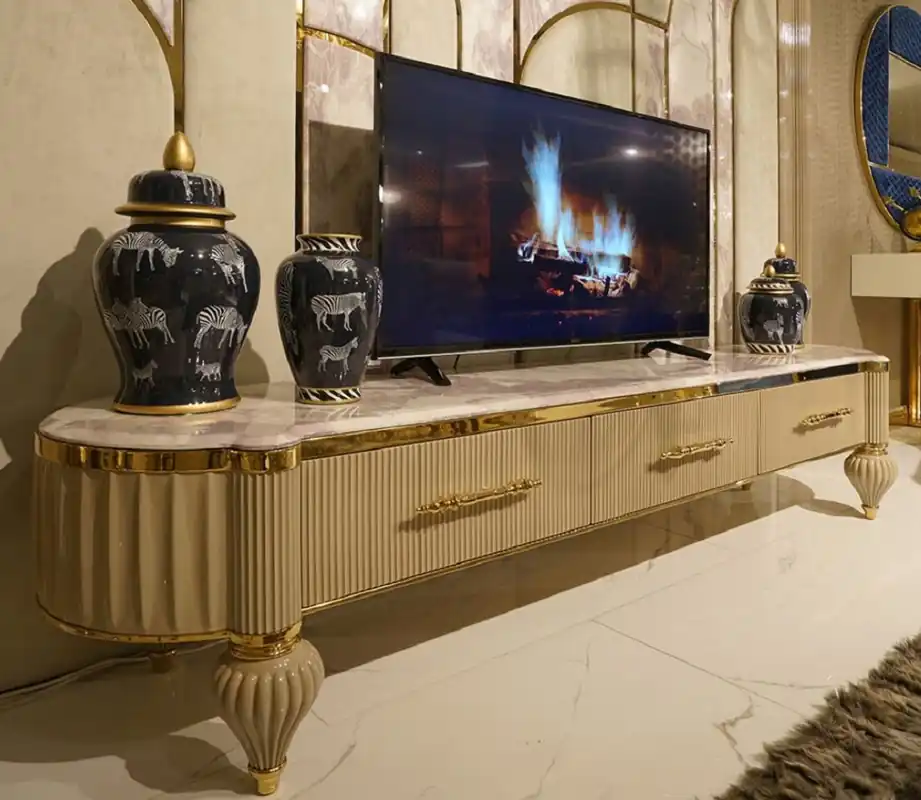 Casa Padrino luxury Art Deco TV cabinet white / gray / gold - Handmade solid wood sideboard with 3 drawers - Luxury Art Deco Living Room & Hotel Furniture Sale