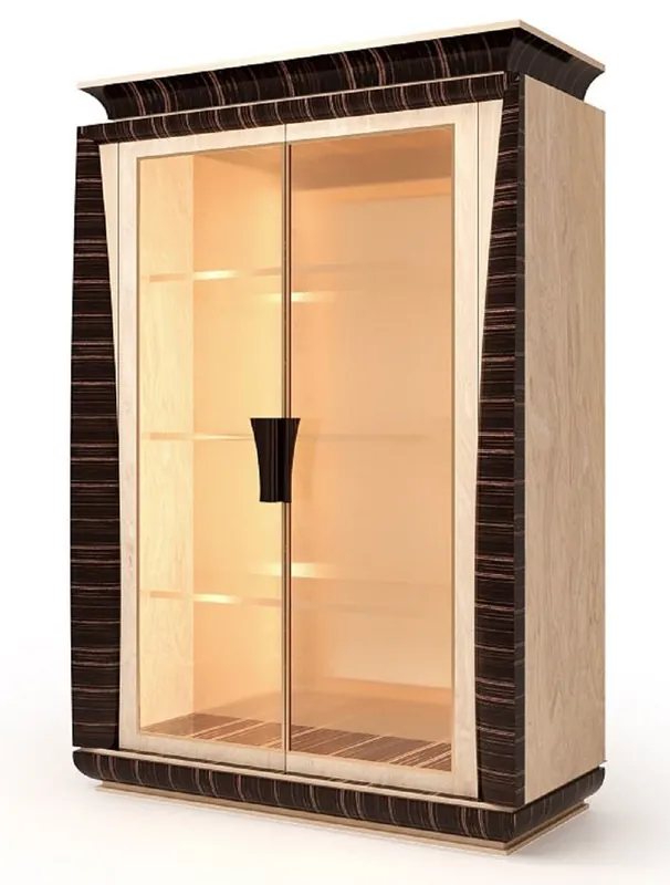 Garantierte Lieferung Casa Padrino luxury display cabinet natural / dark brown 139 x 61 x H. 205 cm - Solid wood showcase with 2 glass doors - Living Room Furniture - Hotel Furniture - Luxury Quality - Made in Italy