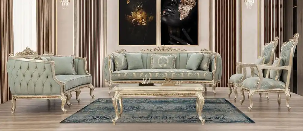 Casa Padrino luxury baroque living room set green / antique gold - 2 Sofas & 2 Armchairs & 1 Coffee Table - Handmade living room furniture in baroque style - Noble & Magnificent Letzte Chance