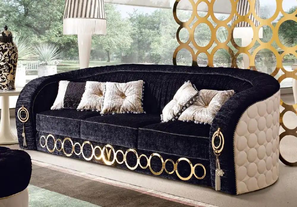 Casa Padrino Luxury Sofa with Metal Ornaments Black / Beige / Gold 260 x 103 x H. 80 cm - Luxury Living Room & Hotel Furniture - First Class Quality - Made in Italy Heißes Angebot