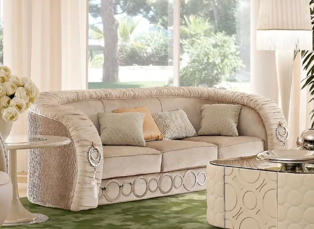 Casa Padrino Luxury Sofa with Metal Ornaments Beige / Silver 260 x 103 x H. 80 cm - Luxury Living Room & Hotel Furniture - First Class Quality - Made in Italy Saisonangebot