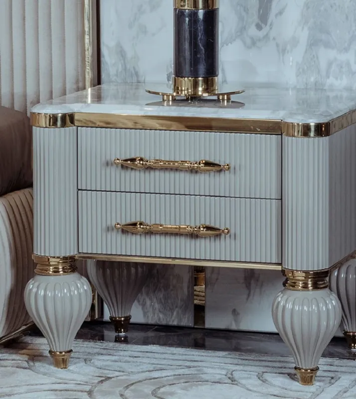 Echt Casa Padrino luxury Art Deco bedside table gray / white / gold 64 x 51 x H. 59 cm - Magnificent solid wood bedside table with 2 drawers - Art Deco Bedroom & Hotel Furniture - Luxury Collection