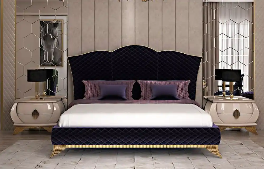 Casa Padrino Luxury Art Deco Bedroom Set Purple / Cream / Gold - 1 Double Bed with Headboard & 2 Nightstands - Art Deco Bedroom & Hotel Furniture - Luxury Collection Solange Der Vorrat Reicht