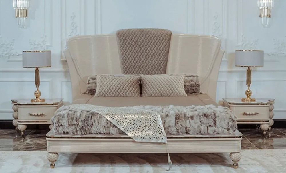 Casa Padrino Luxury Art Deco Bedroom Set Beige / Gray / Gold - 1 Double Bed with Headboard & 2 Nightstands - Art Deco Bedroom & Hotel Furniture - Luxury Collection Schneller Versand