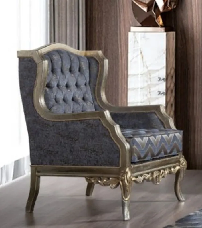 Markenprodukt Casa Padrino luxury baroque wing armchair blue / silver / gold - Handmade living room armchair in baroque style - Baroque living room furniture