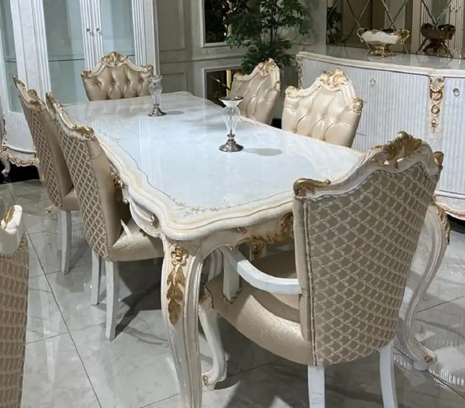 Casa Padrino luxury baroque dining room set white / gold - 1 Baroque Dining Table & 6 Baroque Dining Chairs - Baroque dining room furniture - Noble & Magnificent Angebot