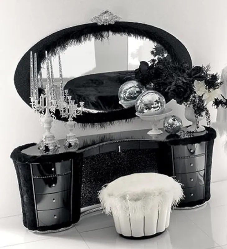 Ausverkauf Casa Padrino luxury baroque bedroom set black / silver / white - 1 Baroque Make Up Dresser & 1 Baroque Mirror & 1 Baroque Stool - Magnificent baroque bedroom & hotel furniture - Made in Italy