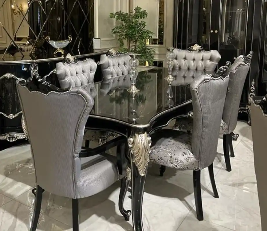 Casa Padrino luxury baroque dining room set silver / black / silver - 1 Dining Table & 6 Dining Chairs - Baroque dining room furniture - Noble & Magnificent Sichere Zahlung