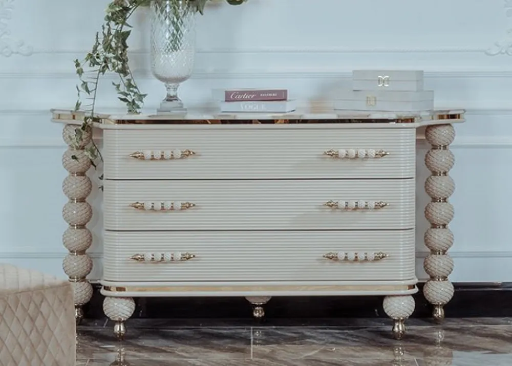 Must-Have Casa Padrino luxury Art Deco chest of drawers gray / white / gold 170 x 50 x H. 89 cm - Magnificent dresser with 3 drawers and faux marble top - Art Deco Bedroom & Hotel Furniture