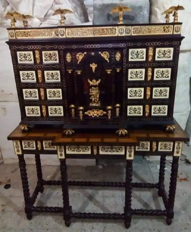 Knallerangebot Casa Padrino luxury baroque secretary dark brown / brown marquetry / black / white / gold - Handmade antique style secretary with doors and drawers - Baroque office furniture - Noble & Magnificent