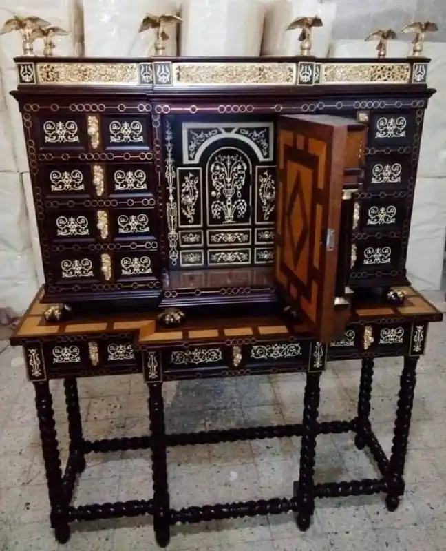 Casa Padrino luxury baroque secretary dark brown / brown marquetry / black / gold - Handmade antique style secretary with doors and drawers - Baroque office furniture - Noble & Magnificent Sonderangebot