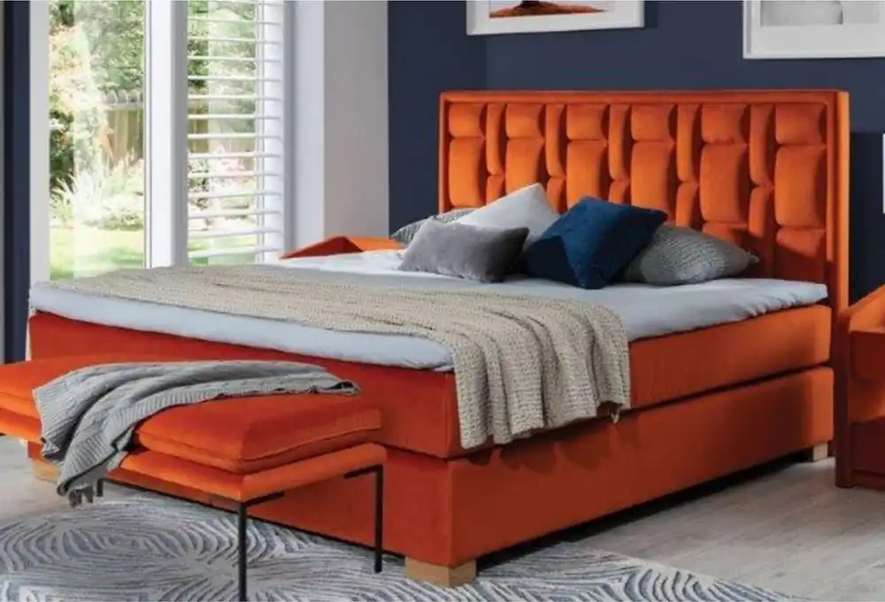 Sale Casa Padrino Luxury Double Bed Orange / Natural - Modern Solid Wood Bed with Headboard and Mattress - Modern Bedroom Furniture - Luxury Collection