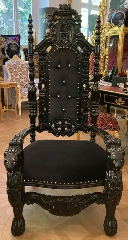 Neuheit Casa Padrino luxury baroque throne armchair black / black - Handmade solid wood royal armchair with rhinestones - Baroque Furniture - Noble & Magnificent